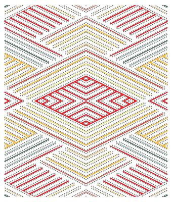 Colorful geometric pattern featuring red, yellow, and gray lines forming diamonds and zigzags against a white background.