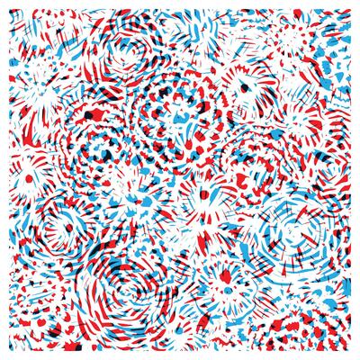 Colorful abstract pattern featuring swirling red and blue shapes over a white background, resembling fireworks or floral designs.