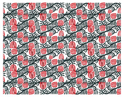 Seamless hand drawn bold floral pattern. Red stylized tulip like flowers white background