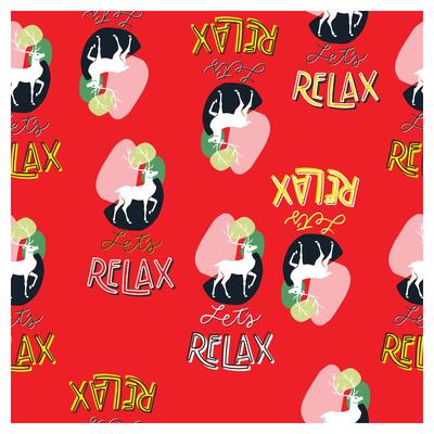 Seamless hand drawn typography print, Red with white deer, abstract shapes, and the words Let's Relax