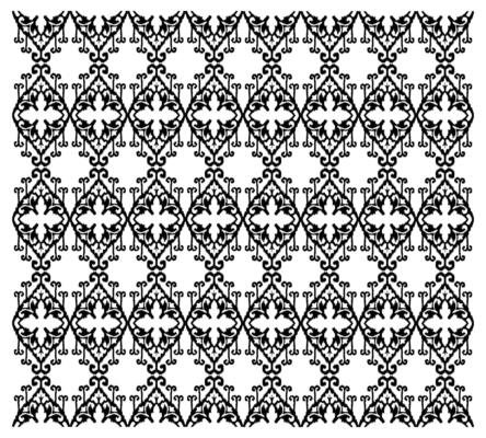 Black and white damask pattern featuring intricate floral and ornamental designs in a repeated grid layout.
