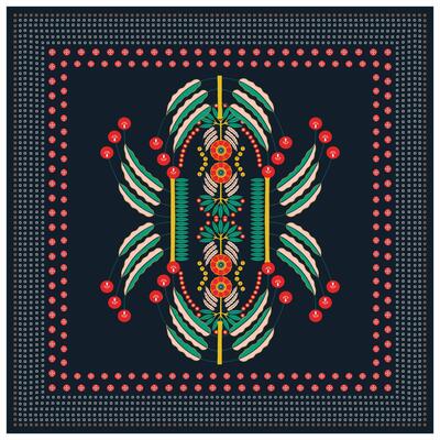 A square scarf print pattern featuring vibrant red and green flowers arranged in a repeating design.