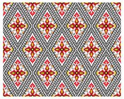 Bold paisley diamond patterned fabric featuring intricate floral motifs in red, yellow, and gray against a black and white background. vector