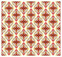 Colorful paisley floral damask seamless print pattern with intricate red, yellow, and black designs on a light cream background. vector
