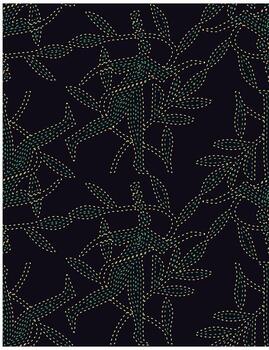 Seamless hand drawn dot and line art pattern of stylized leaves and abstract figures, formed by green and yellow dashes on dark background. vector