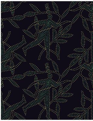 Seamless hand drawn dot and line art pattern of stylized leaves and abstract figures, formed by green and yellow dashes on dark background.