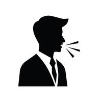 dark black silhouette of speaking person boss head emoji icon with lines demonstrating speech vector