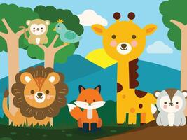 Cartoon animals in a forest scene vector