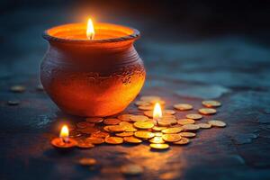 Candles Illuminate a Clay Pot Surrounded by Coins During a Serene Evening Atmosphere. photo
