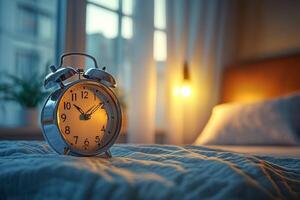 Bright Morning Light Illuminates Vintage Alarm Clock on Cozy Bed photo