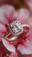 Beautiful Diamond Engagement Ring Resting on Delicate Pink Cherry Blossom Petals photo
