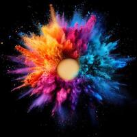 Vivid Explosion of Color Created by Powder and Sphere on Dark Background at Night. photo