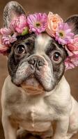 Cute Dog Wearing a Flower Crown Posing for a Portrait on a Pink Background photo