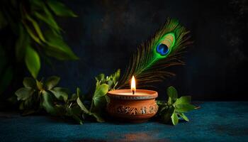 Candlelight With Decorative Peacock Feather and Green Foliage on Textured Surface in Dim Lighting. photo