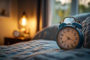 Cozy Bedroom Setting Featuring a Vintage Alarm Clock and Soft Lighting in the Evening. photo