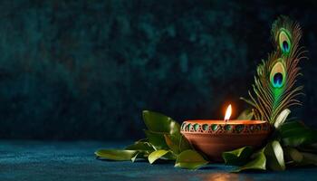 Traditional Clay Lamp With Peacock Feather and Green Leaves on Blue Background in a Serene Setting. photo