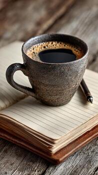 Warm Coffee Cup Resting on Notes in Cozy Setting With Natural Wood Background. photo