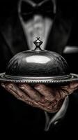 Elegant Server Presents a Silver Cloche With a Poised Hand at an Upscale Dining Event. photo
