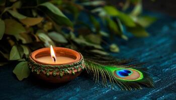 Candlelight With Decorative Peacock Feather and Green Foliage on Textured Surface in Dim Lighting photo