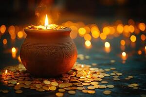 Lighting Decorative Candles and Clay Pots on a Bed of Coins During a Festive Evening Celebration photo