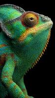 Colorful Chameleon Displaying Intricate Patterns in Vibrant Hues on a Black Background. photo