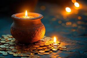 Lighting Decorative Candles and Clay Pots on a Bed of Coins During a Festive Evening Celebration. photo