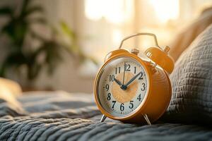 Bright Morning Light Illuminates Vintage Alarm Clock on Cozy Bed. photo