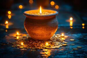 Candles Illuminate a Clay Pot Surrounded by Coins During a Serene Evening Atmosphere photo