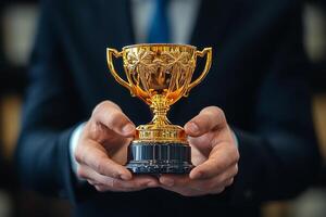Celebration of Achievement With a Golden Trophy Held in a Suit photo