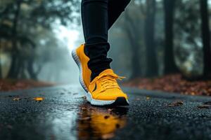 Bright Yellow Sneakers Stepping on a Wet Road Surrounded by Misty Trees in an Early Morning Setting. photo