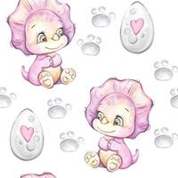Charming baby dinosaurs in soft pink hues sit beside heart shaped eggs with footprints on a white backdrop, creating a delightful and whimsical pattern for various design uses. vector