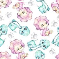 This seamless pattern showcases adorable cartoon dinosaurs and whimsical flower characters in soft pastel colors, creating a charming and playful design ideal for wallpapers and crafty projects. vector