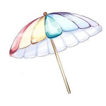 Bright and inviting beach umbrella stands tall in the sand, providing cool shade for visitors relaxing under the sun, creating a perfect summer atmosphere filled with laughter and joy. vector