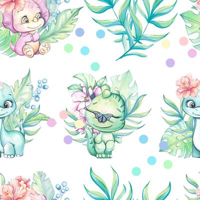 Whimsical watercolor seamless pattern showcases adorable creatures playing among lush tropical leaves with pastel polka dots, ideal for brightening any space or crafting project.