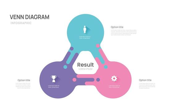 Venn diagram business infographic circle chart template 3 steps link, presentation with venn diagram elements illustration. vector