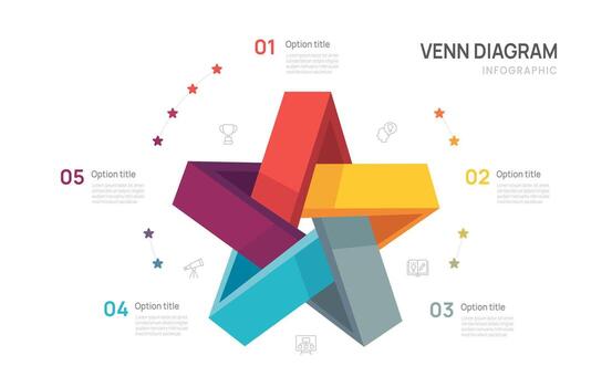 Venn diagram business infographic star circle chart template 5 steps options, presentation with venn diagram elements illustration. vector