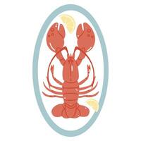 Simple illustration of a cooked lobster on a plate with lemon slices, perfect for seafood and gourmet food themes. vector