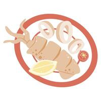 Simple illustration of a cooked squid or calamari with lemon and tomato. Ideal for seafood dishes. vector