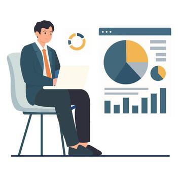 A man sits with a laptop while reviewing multiple data charts and graphs, representing business intelligence and data analysis. vector
