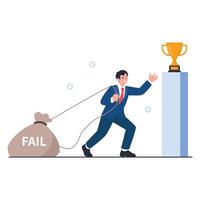 A determined businessman drags a heavy bag labeled FAIL as he reaches for a trophy on a podium. vector