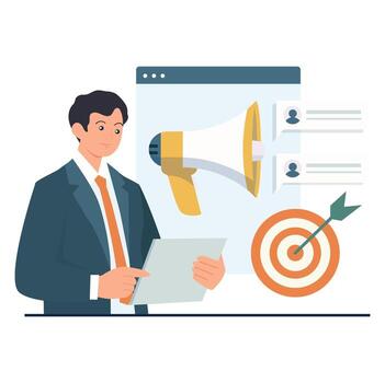 A businessman holds a document while standing in front of a digital megaphone and target, representing marketing and audience engagement. vector