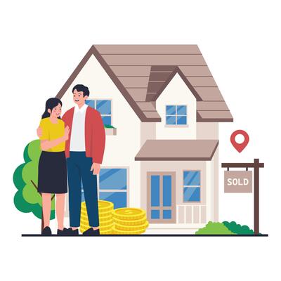 A happy couple stands in front of their newly purchased home with gold coins and a sold sign.