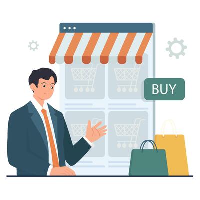 A businessman standing in front of an online storefront interface, representing ecommerce product listings and digital shopping.