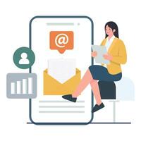 A woman checking digital letters on a tablet, representing email marketing and subscriber communication. vector