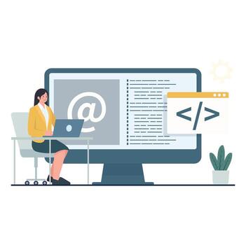 A woman works on a laptop in front of a large screen with email and code interface, symbolizing remote work and digital communication. vector