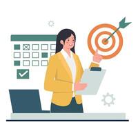 A businesswoman points to a target with an arrow while holding a clipboard, symbolizing goal setting and strategic planning. vector