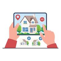 Hands use a tablet with AR technology to view and compare house options virtually. vector