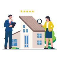 A man and woman evaluate a house using a clipboard and magnifying glass for property inspection. vector