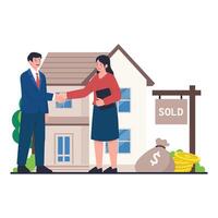 A real estate deal is finalized with a handshake, coins, and a bag of money beside a sold house. vector