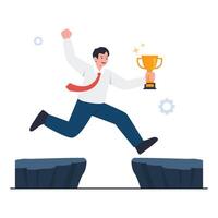 A happy man holding a trophy jumps across a gap, celebrating a successful achievement. vector